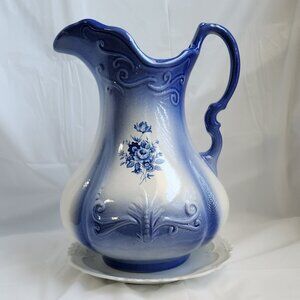 Vintage 11" Victorian Cobalt Ironstone Floral Pitcher Jug Vase USA* FREE SHIP